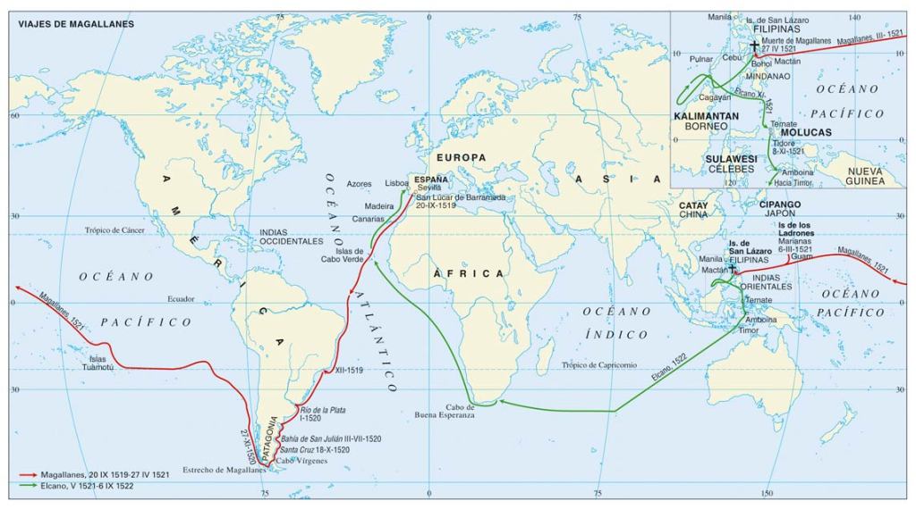 航海図　(緑の線は、マゼラン死後の航路)